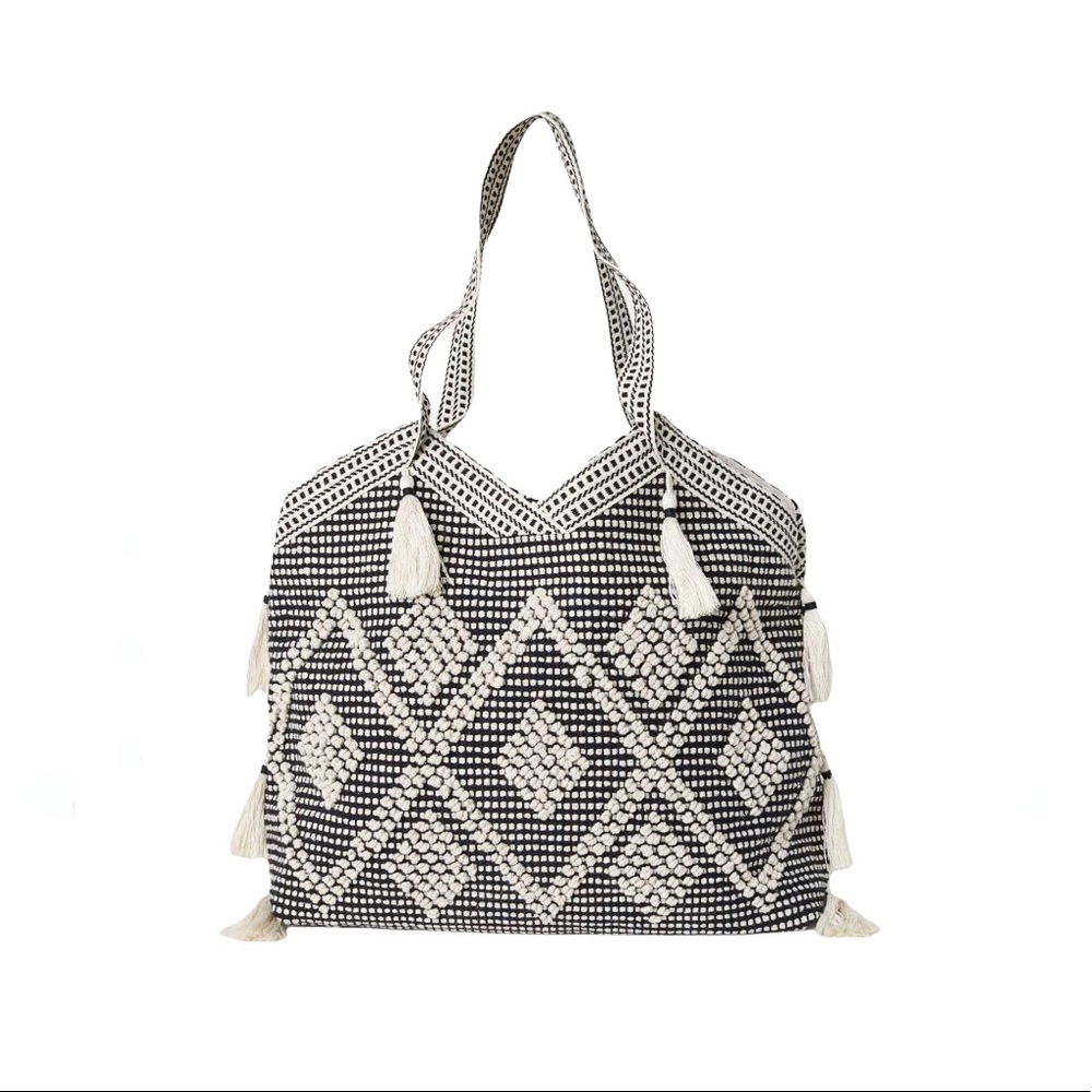 H&M Woven Geometric Tasseled Shopper Tote Bag